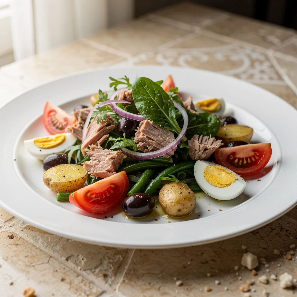 Salade niçoise avec tomates, œufs durs, thon, olives et légumes frais
