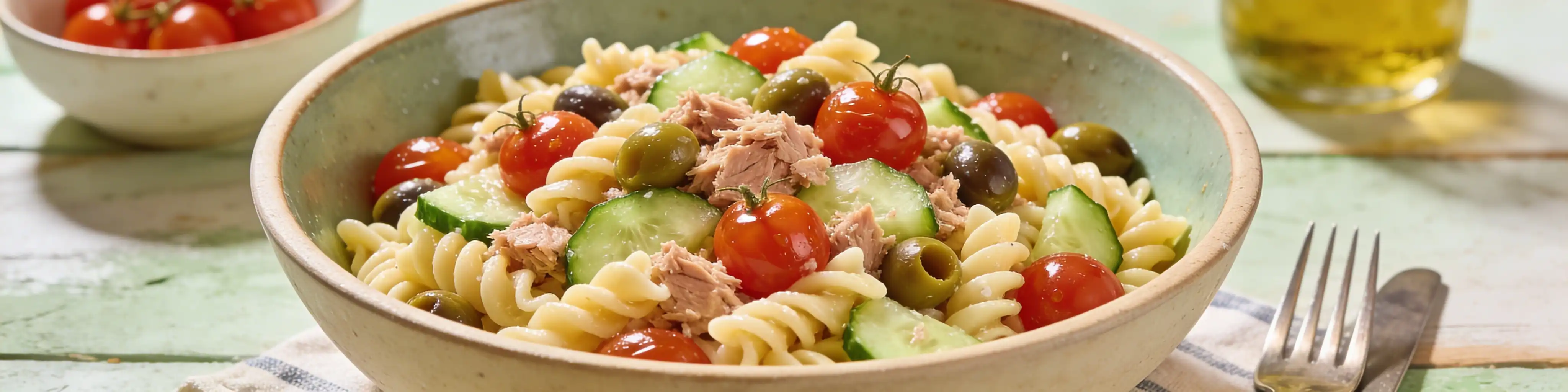 Salade de pâtes au thon avec tomates et olives dans un bol