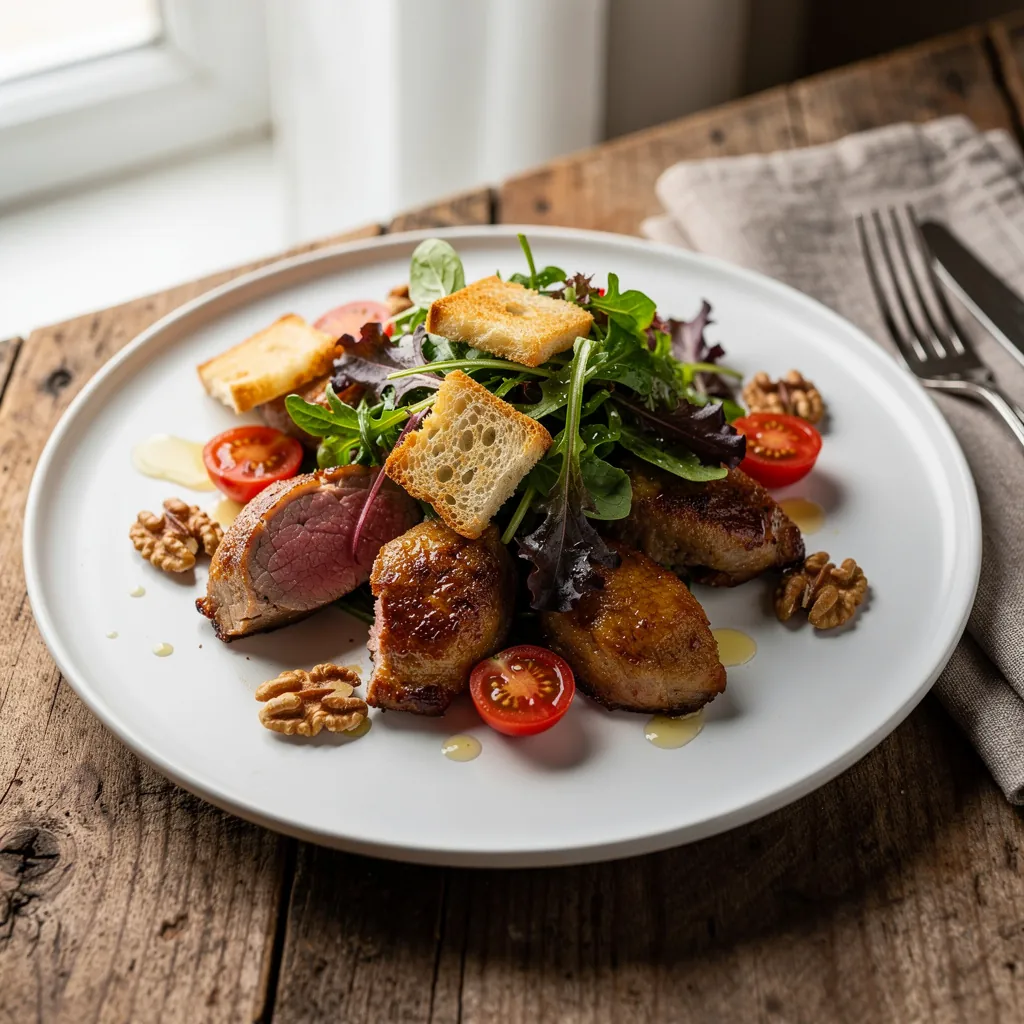 Salade périgourdine avec gésiers de canard, magret fumé, noix et salade verte