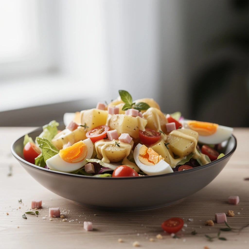 Salade piémontaise avec pommes de terre, jambon, œufs, tomates et mayonnaise