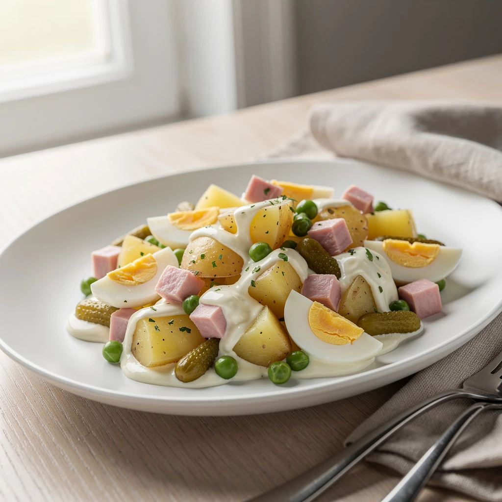 Salade piémontaise avec pommes de terre, jambon, œufs et mayonnaise