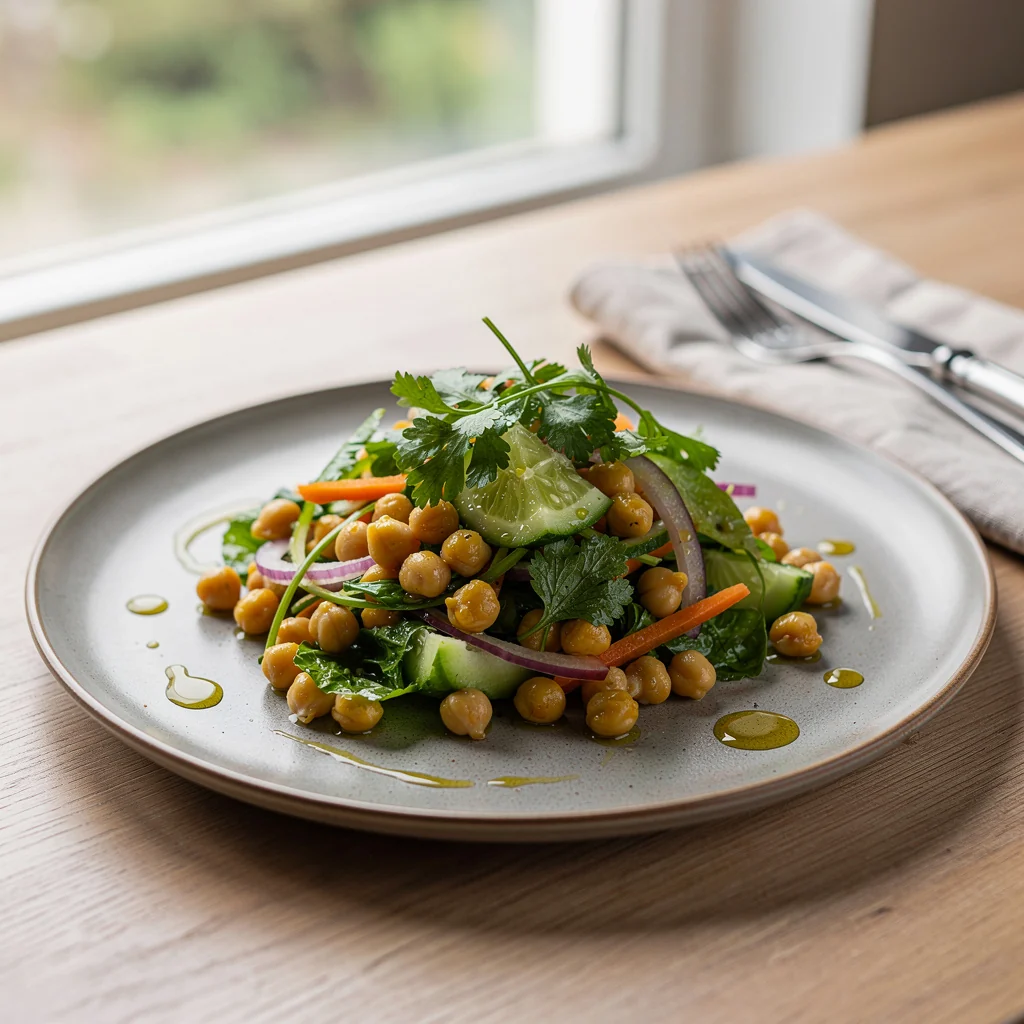 Salade de pois chiches avec tomates, concombre, oignons et herbes fraîches