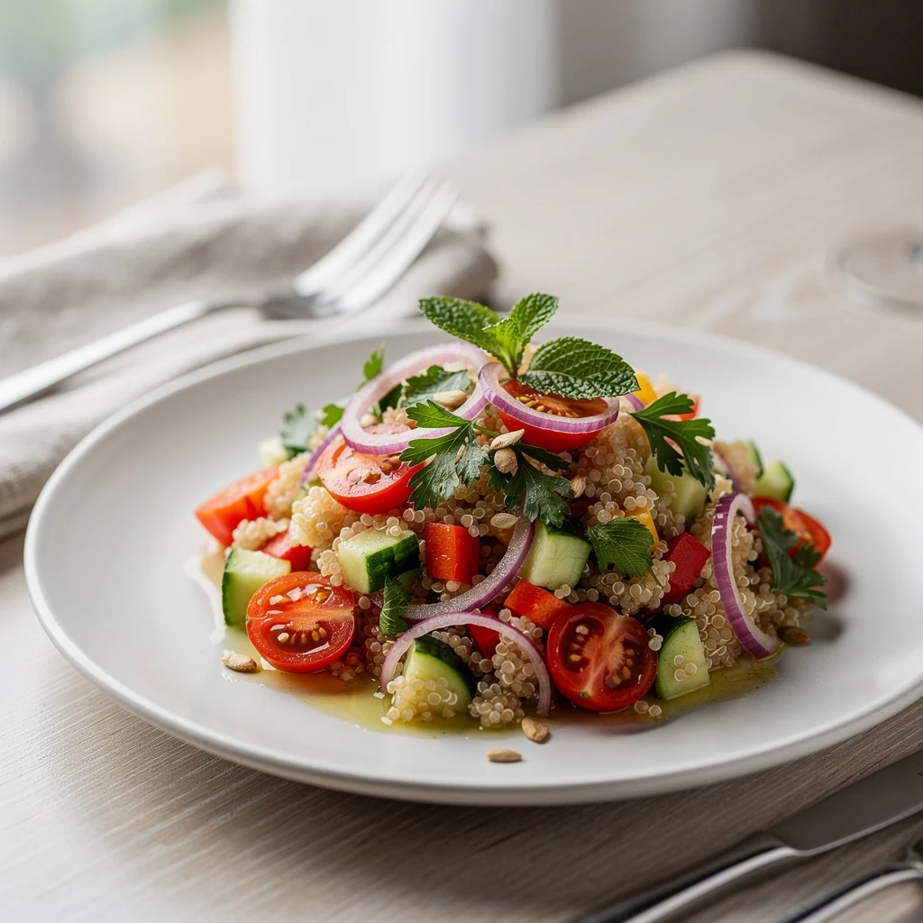 Salade de quinoa avec légumes frais, concombre, tomates et herbes
