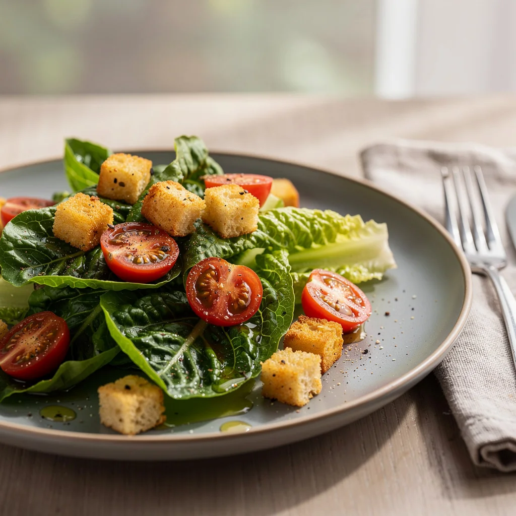Salade romaine croquante avec vinaigrette légère et croûtons