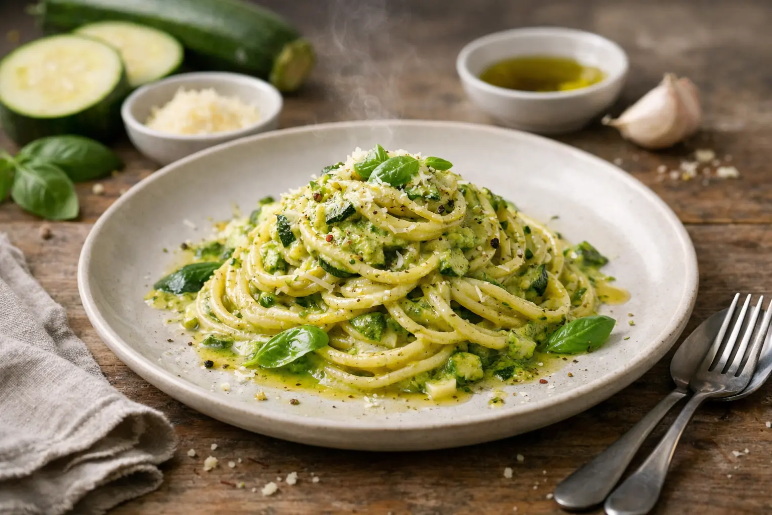 Sauce crémeuse à la courgette servie avec des pâtes
