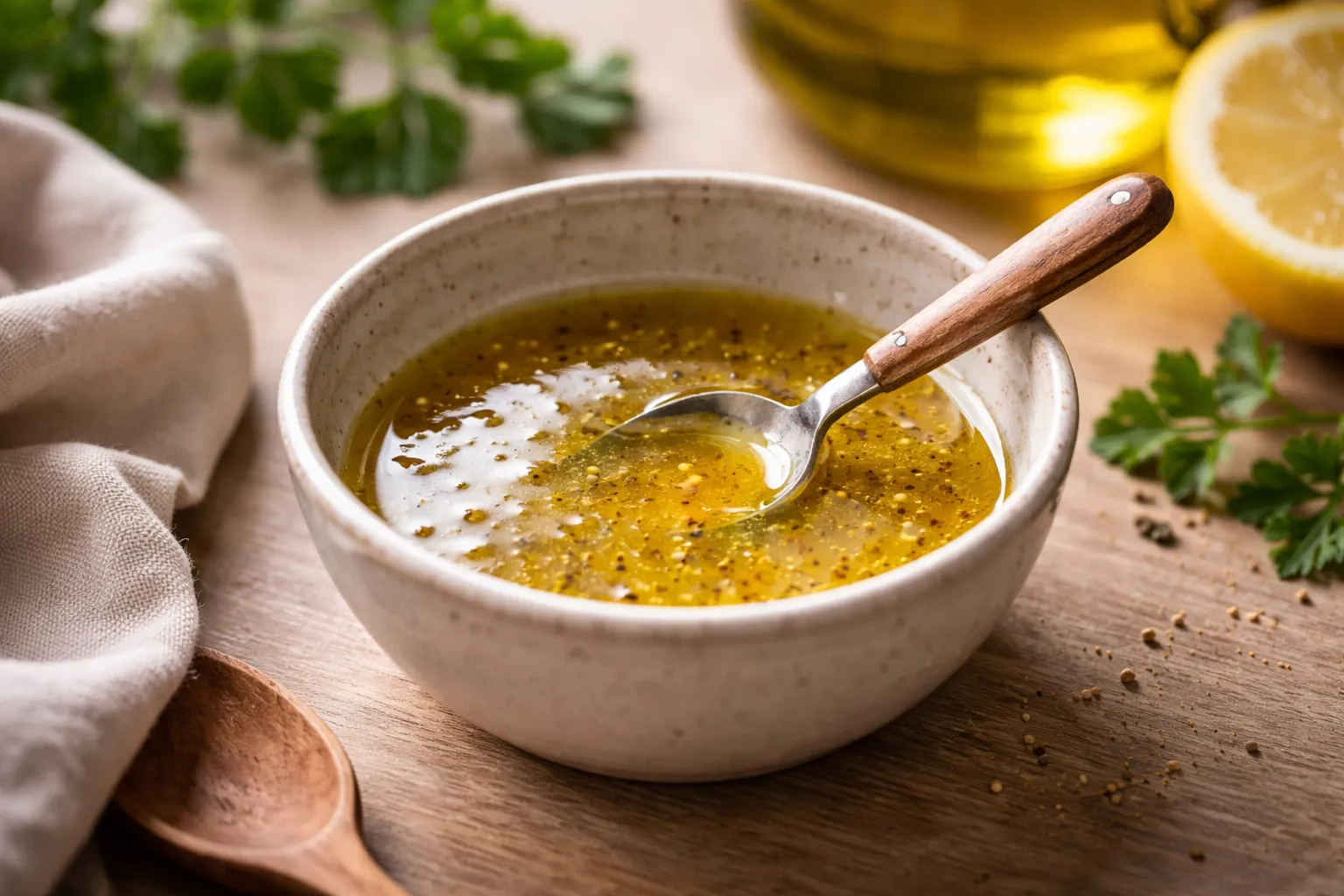 Vinaigrette maison dans un petit bol avec huile d’olive et moutarde