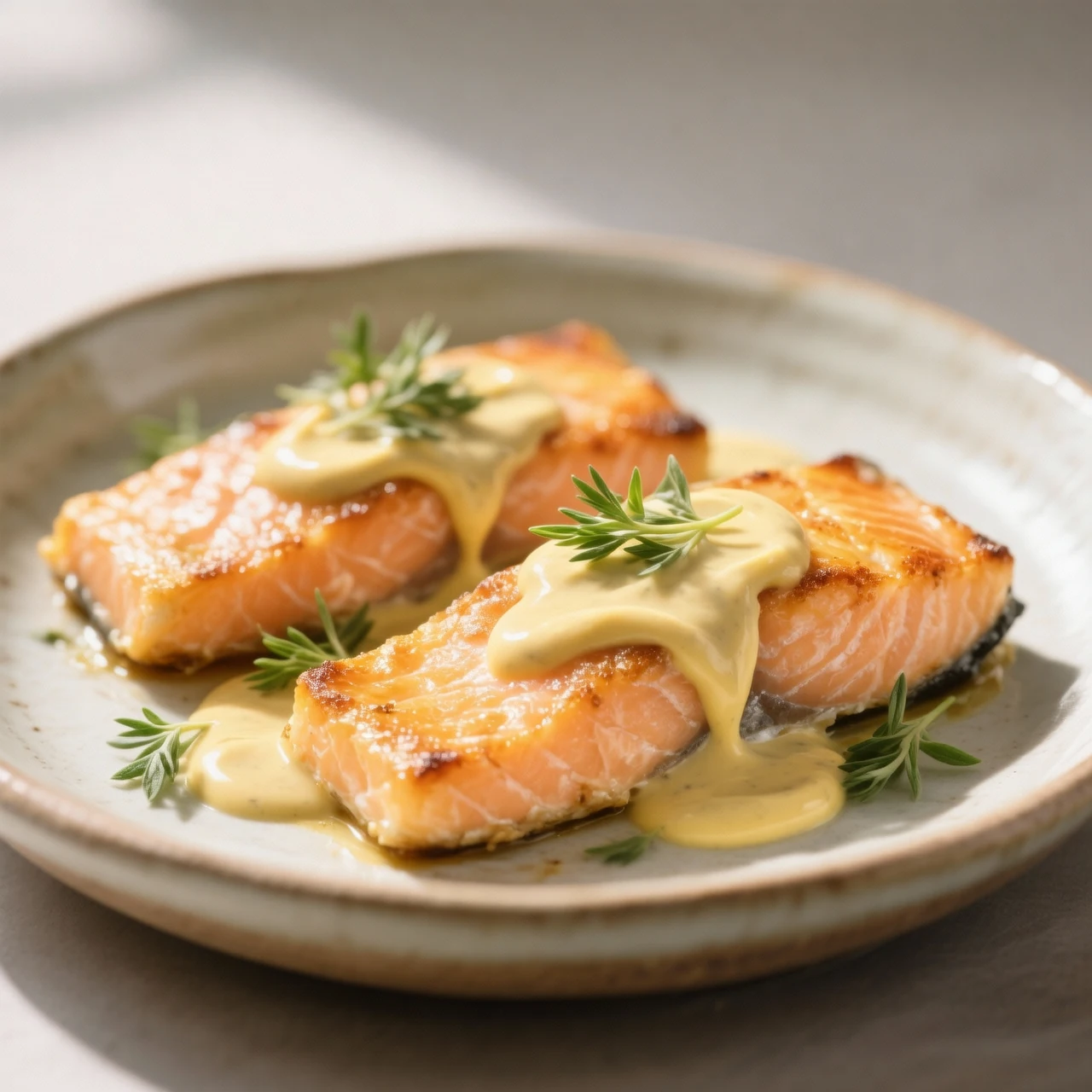 Pavés de saumon à la moutarde nappés de sauce crémeuse avec herbes