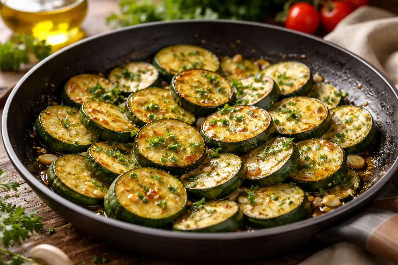 courgettes sautées à l’italienne avec ail et persil dans une poêle