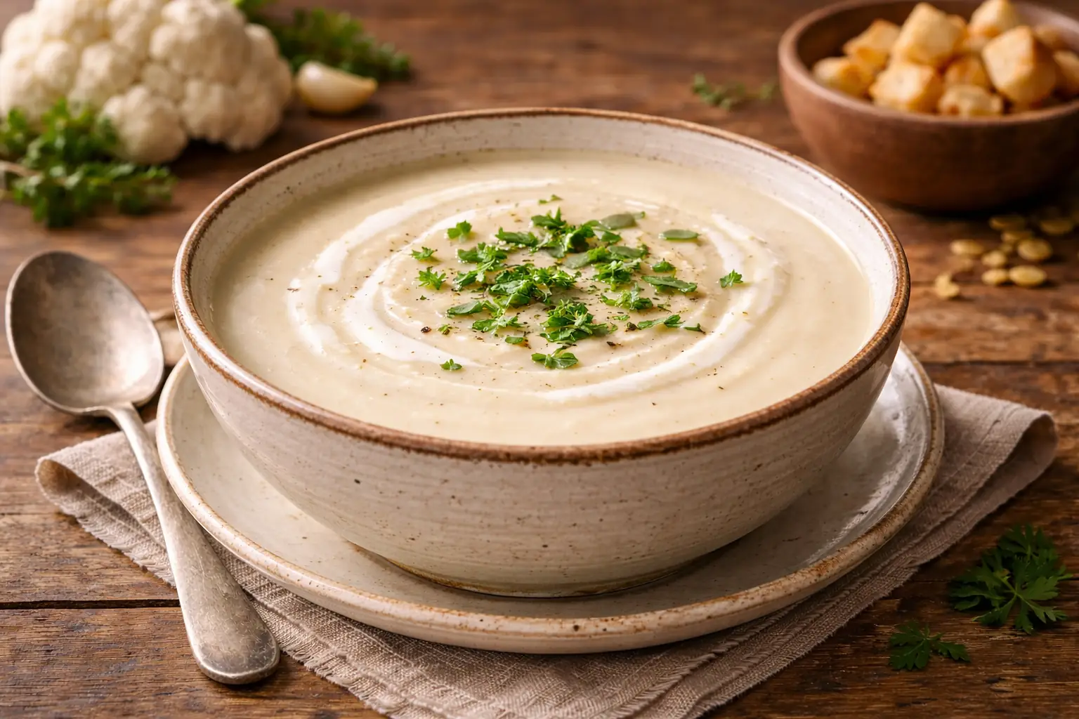 bol de soupe de chou-fleur veloutée avec filet de crème et herbes fraîches