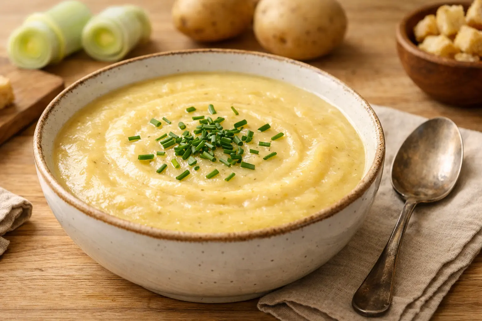 Un bol de soupe crémeuse aux poireaux et pommes de terre, garni de persil frais ciselé.