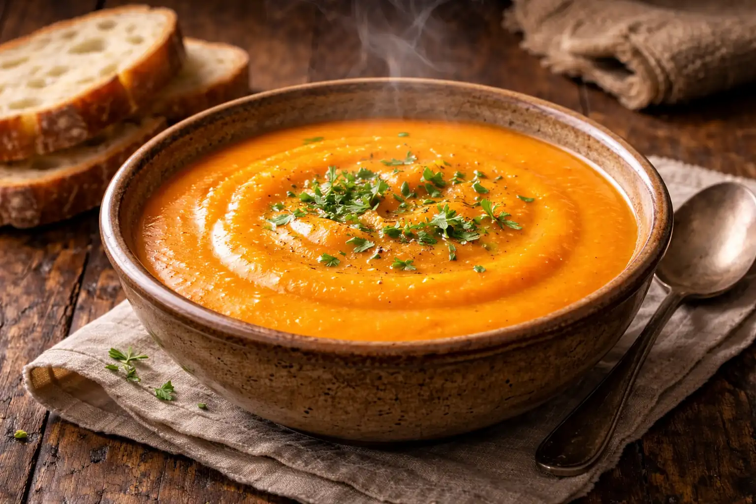 bol de soupe de carottes veloutée orange servie chaude