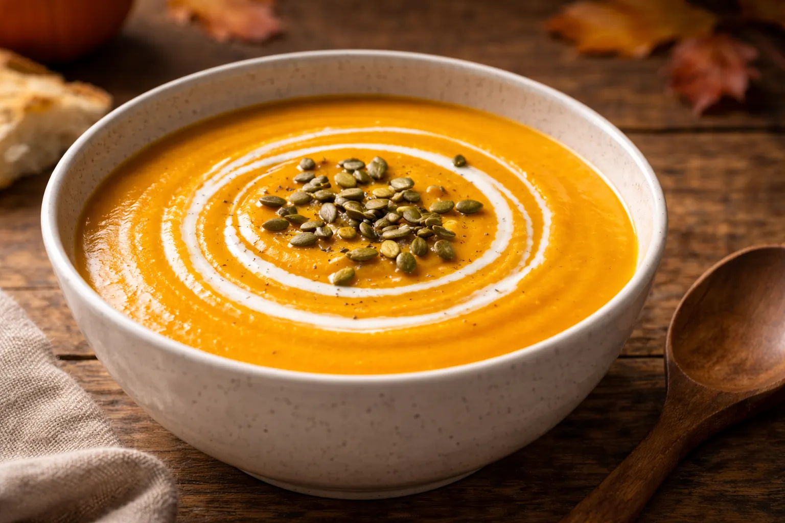 Bol de soupe de courge veloutée garnie de crème fraîche et de graines de courge