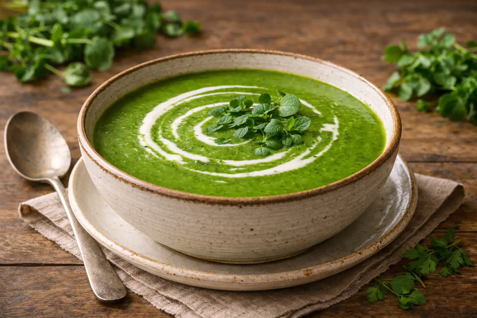bol de soupe de cresson veloutée verte avec filet de crème et feuilles de cresson