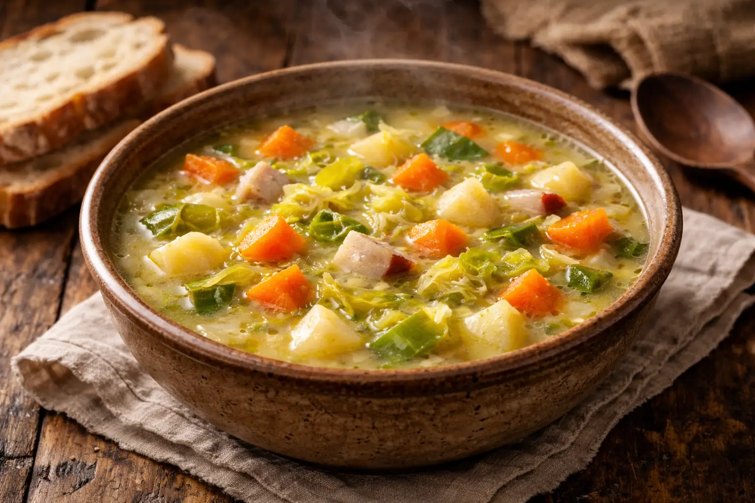 bol de soupe de légumes maison avec carottes poireaux et pommes de terre