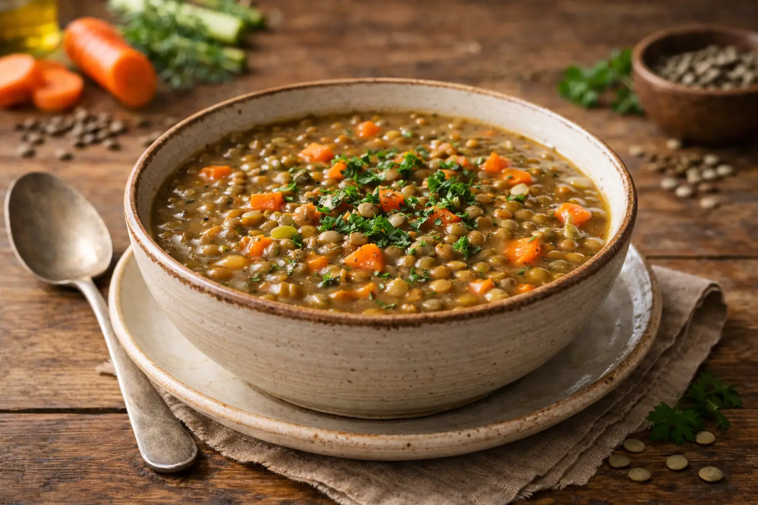 bol de soupe de lentilles maison avec carottes et herbes fraîches