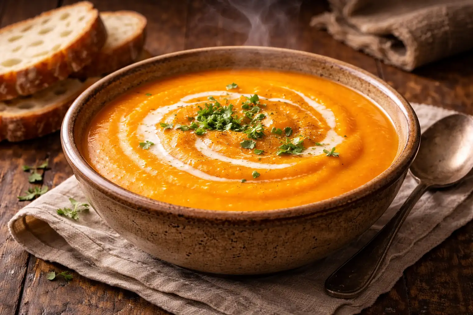 bol de velouté de patate douce orange crémeux servi chaud