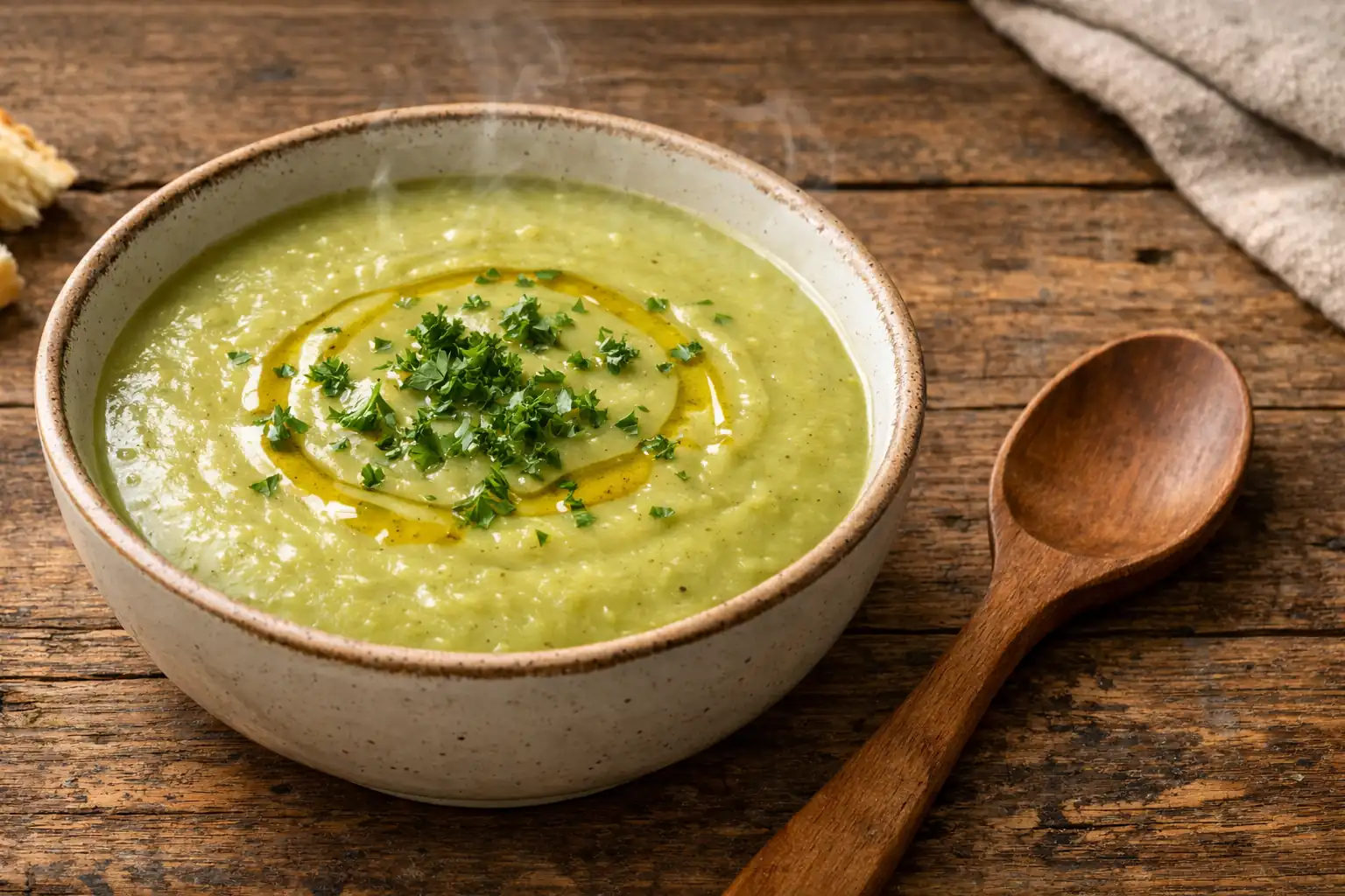 Bol de soupe de pois cassés fumante, garnie d'un filet d'huile d'olive et de persil frais, posé sur une table en bois.