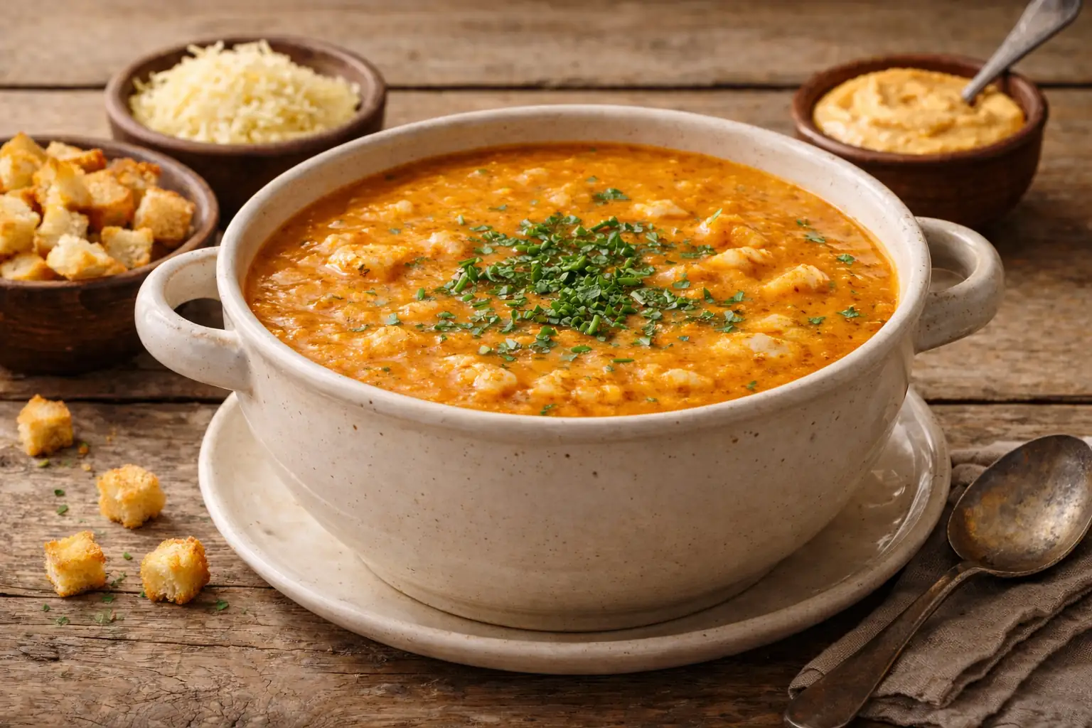 Une soupière fumante de soupe de poisson rouge-orangée, accompagnée de croutons dorés, de rouille et de fromage râpé.