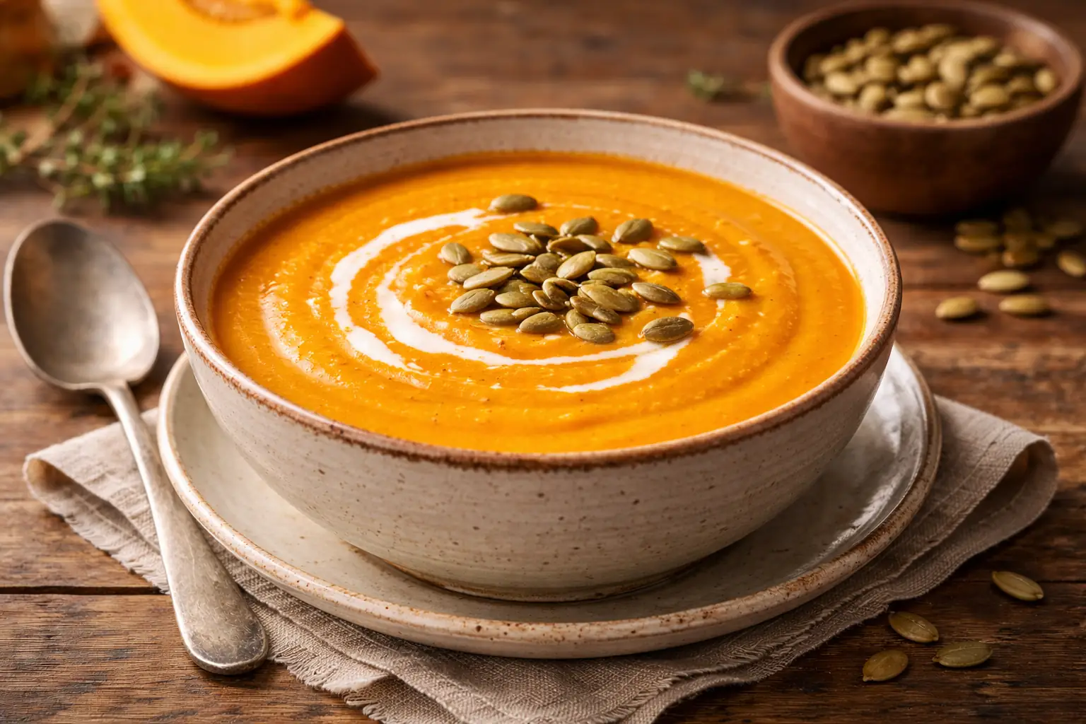 bol de soupe de potiron onctueuse avec un filet de crème et quelques graines de courge
