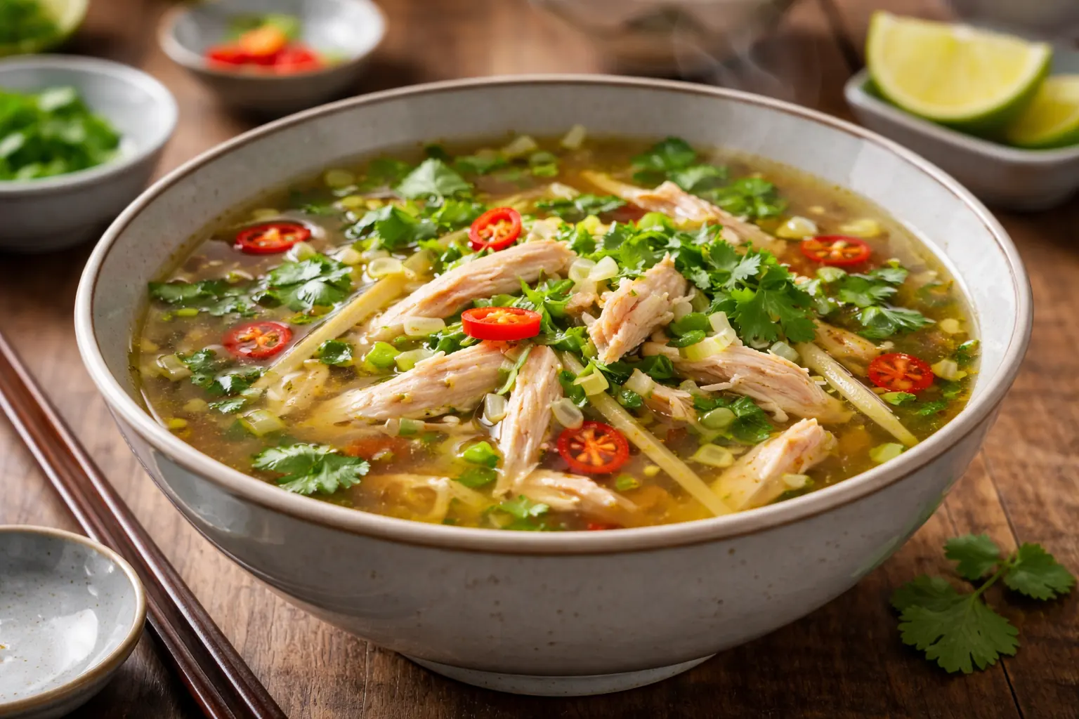 bol de soupe de poulet au tamarin avec coriandre et oignons nouveaux