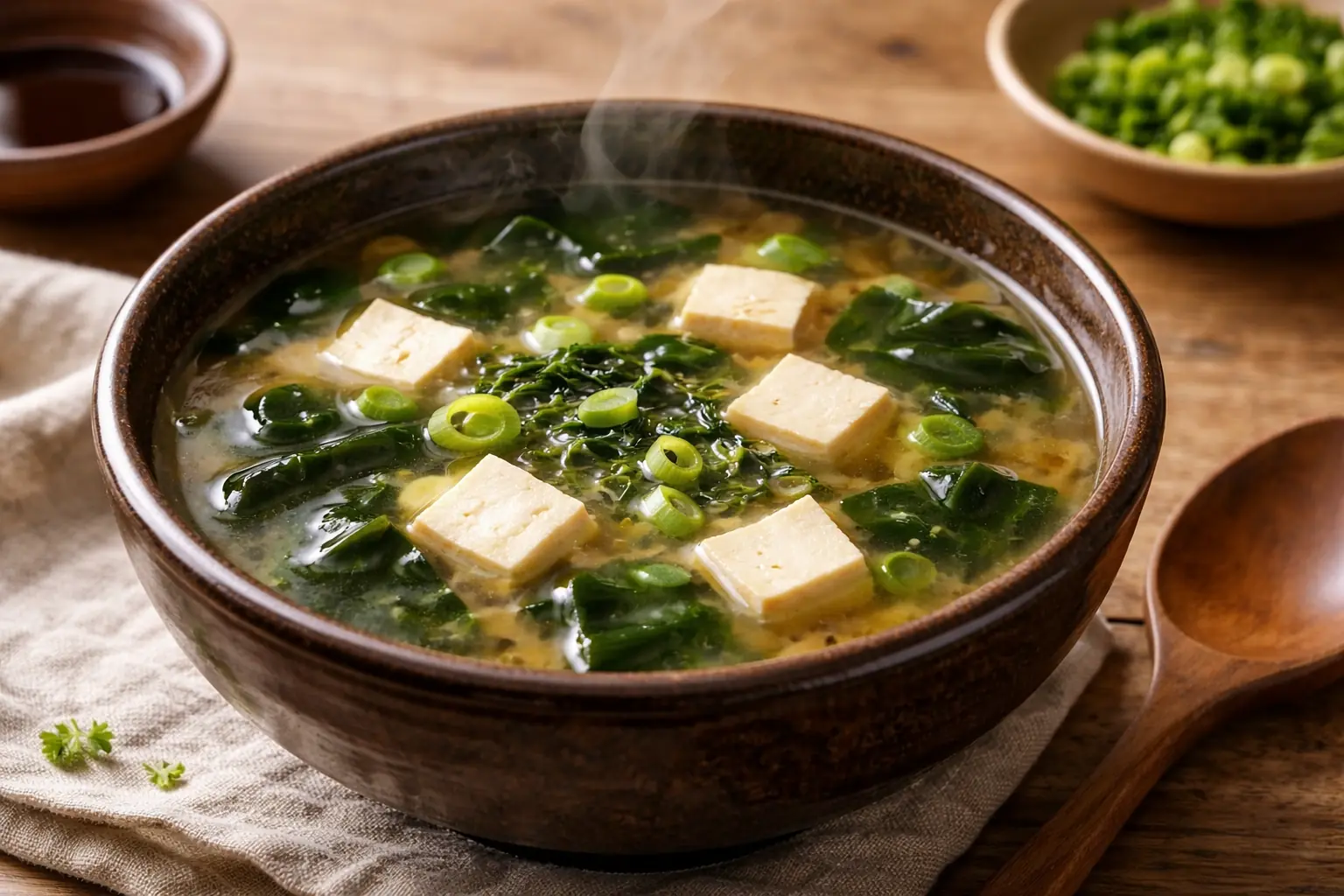 Bol de soupe miso garni de tofu, algues wakame et ciboule fraîchement ciselée, sur une table en bois clair.