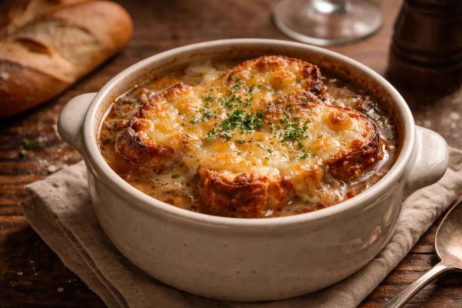 Bol de soupe à l'oignon gratinée avec du fromage doré et du pain croustillant