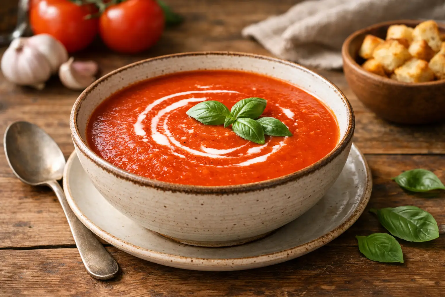 bol de soupe à la tomate maison onctueuse avec un filet de crème et des herbes fraîches