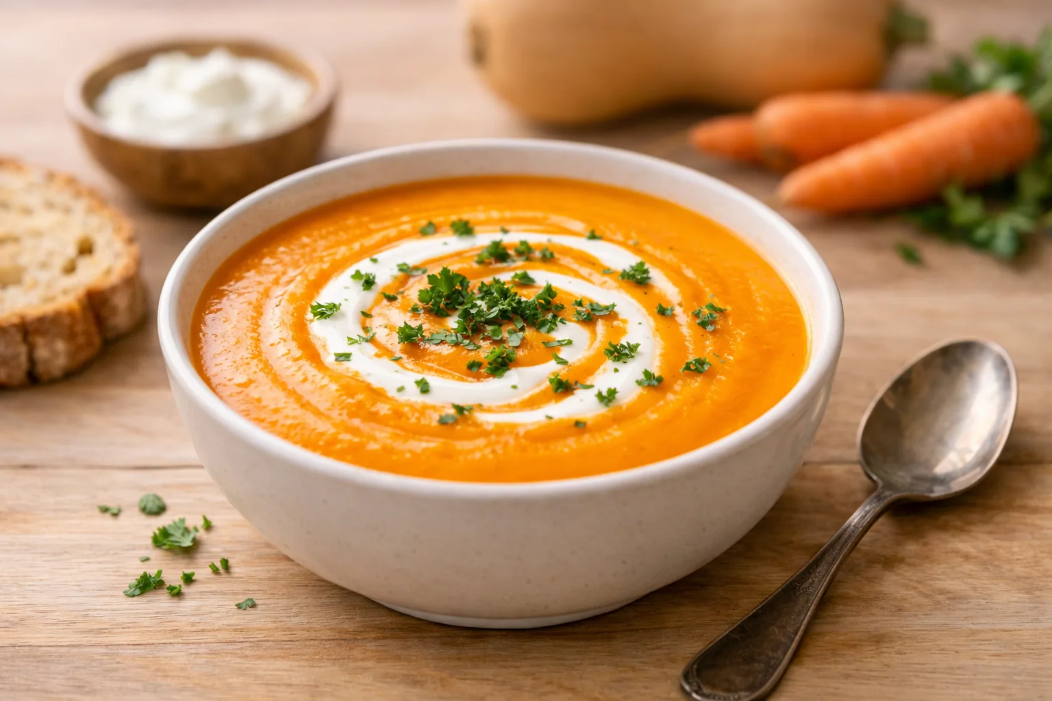Un bol de velouté de butternut et carotte, garni d'un filet de crème et de quelques herbes fraîches.