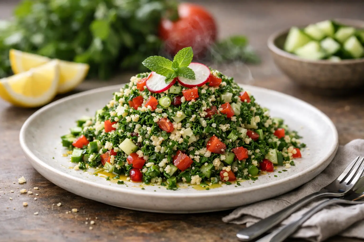 Taboulé aux herbes fraîches avec semoule, concombre et citron