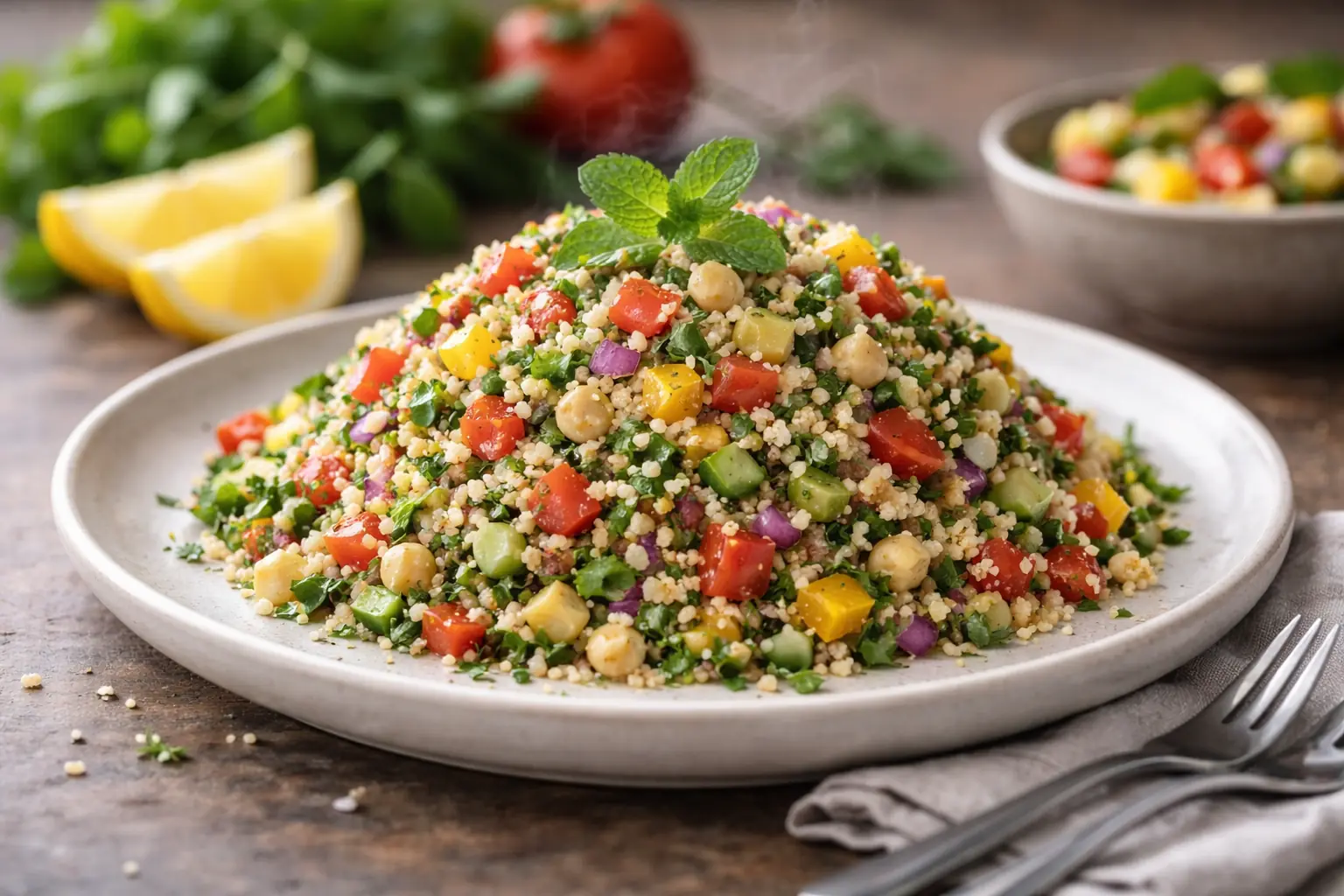 Taboulé aux légumes coloré avec poivron, tomate et concombre