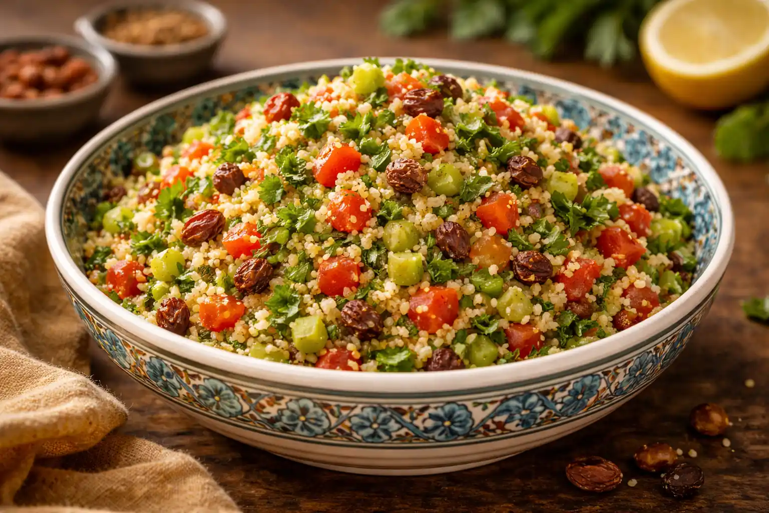 Assiette de taboulé oriental aux raisins secs, poivron et herbes fraîches