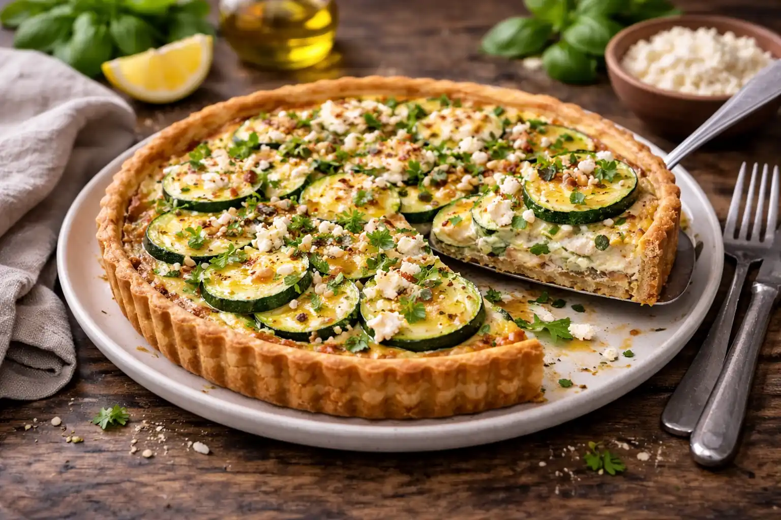 Part de tarte salée à la courgette et à la feta dorée au four