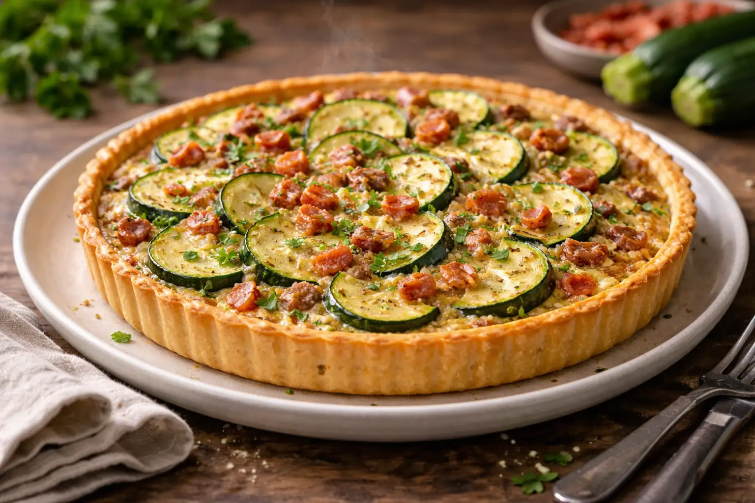 Part de tarte aux courgettes et aux lardons servie tiède