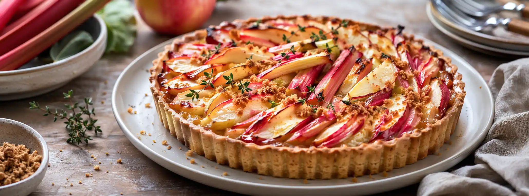Tarte pomme rhubarbe dorée avec fruits fondants