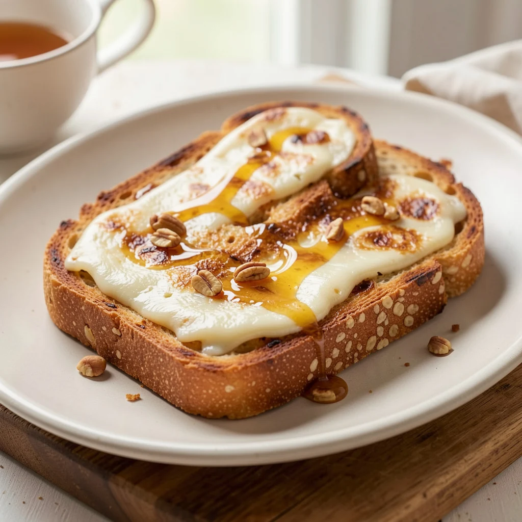 Tartines au fromage de chèvre fondu et miel sur pain grillé