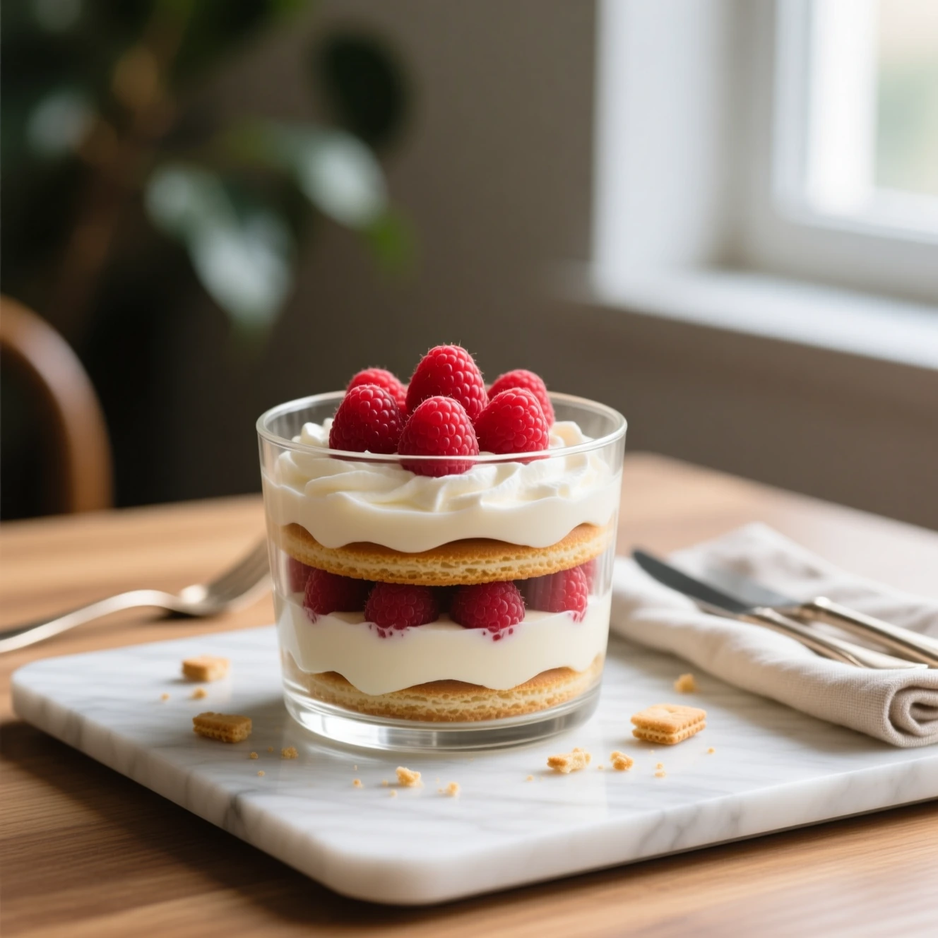 Tiramisu aux framboises, crème vanillée et sablés dans un verre élégant