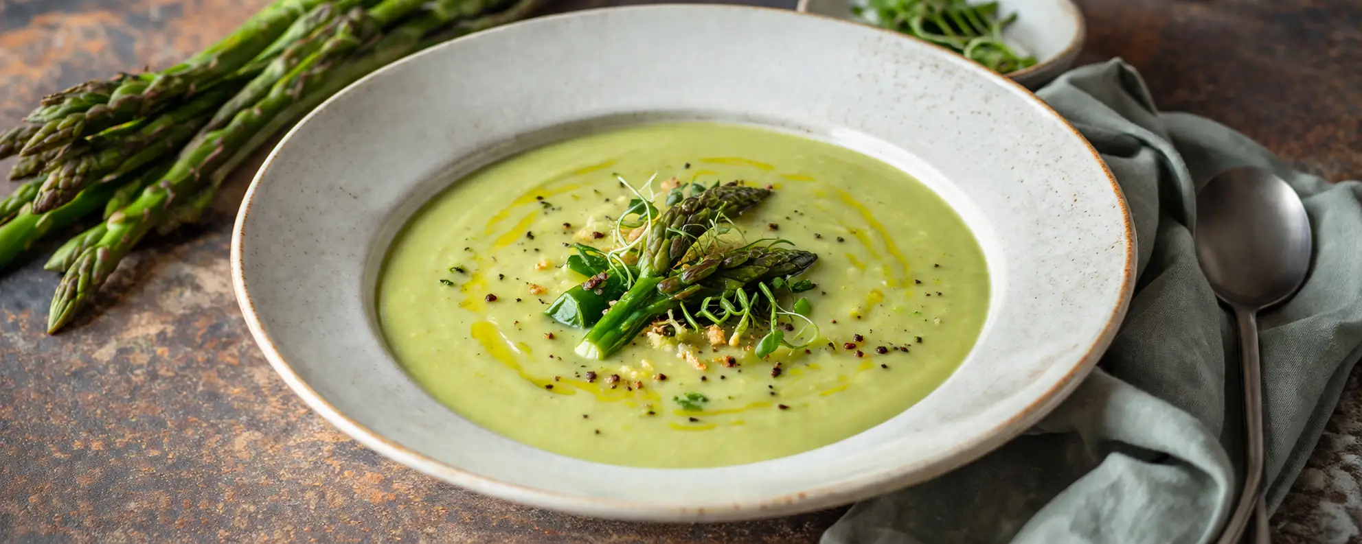 Bol de velouté d’asperges vertes crémeux garni de persil