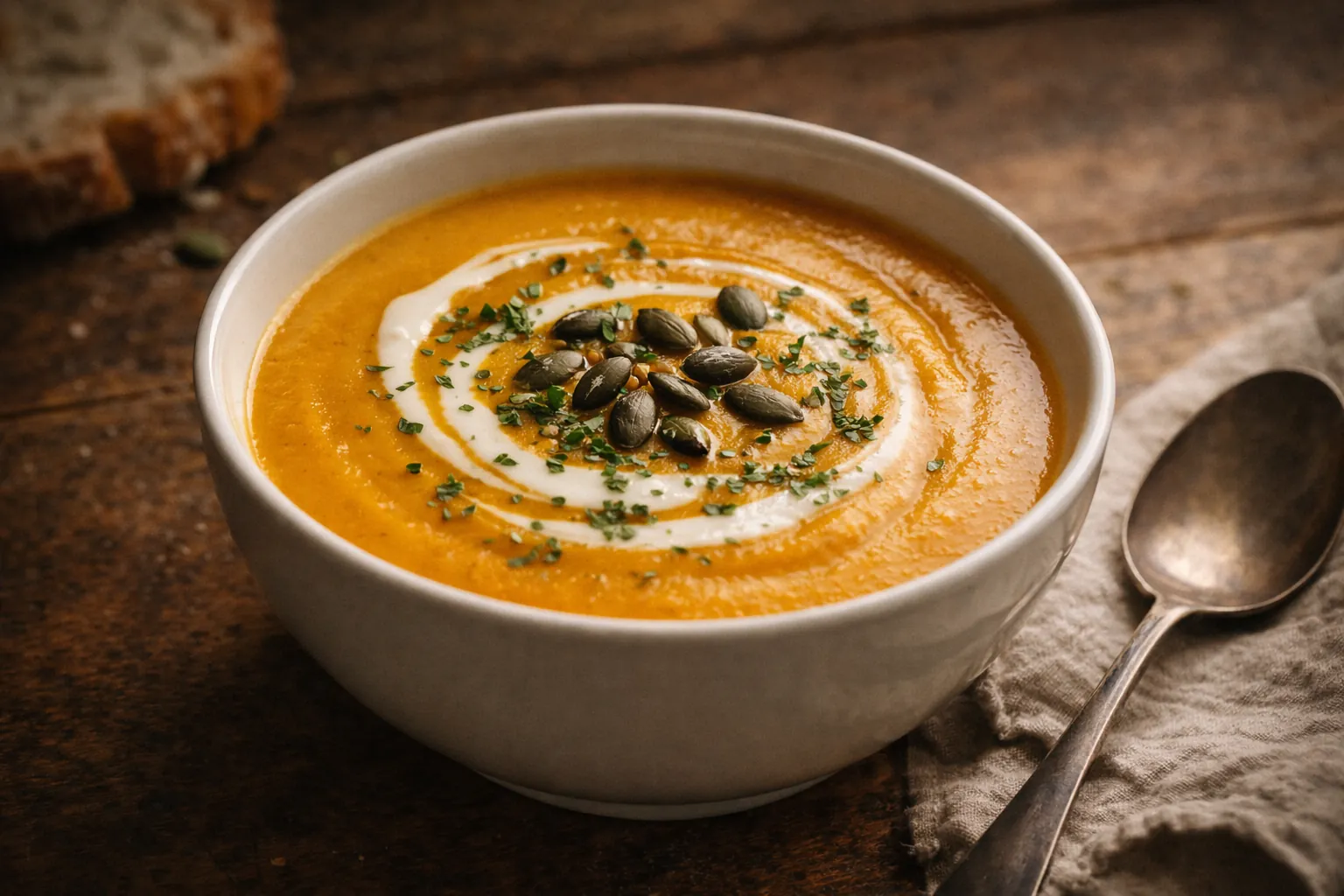 Bol de velouté de butternut crémeux garni d'un filet de crème et de quelques brins de persil frais.