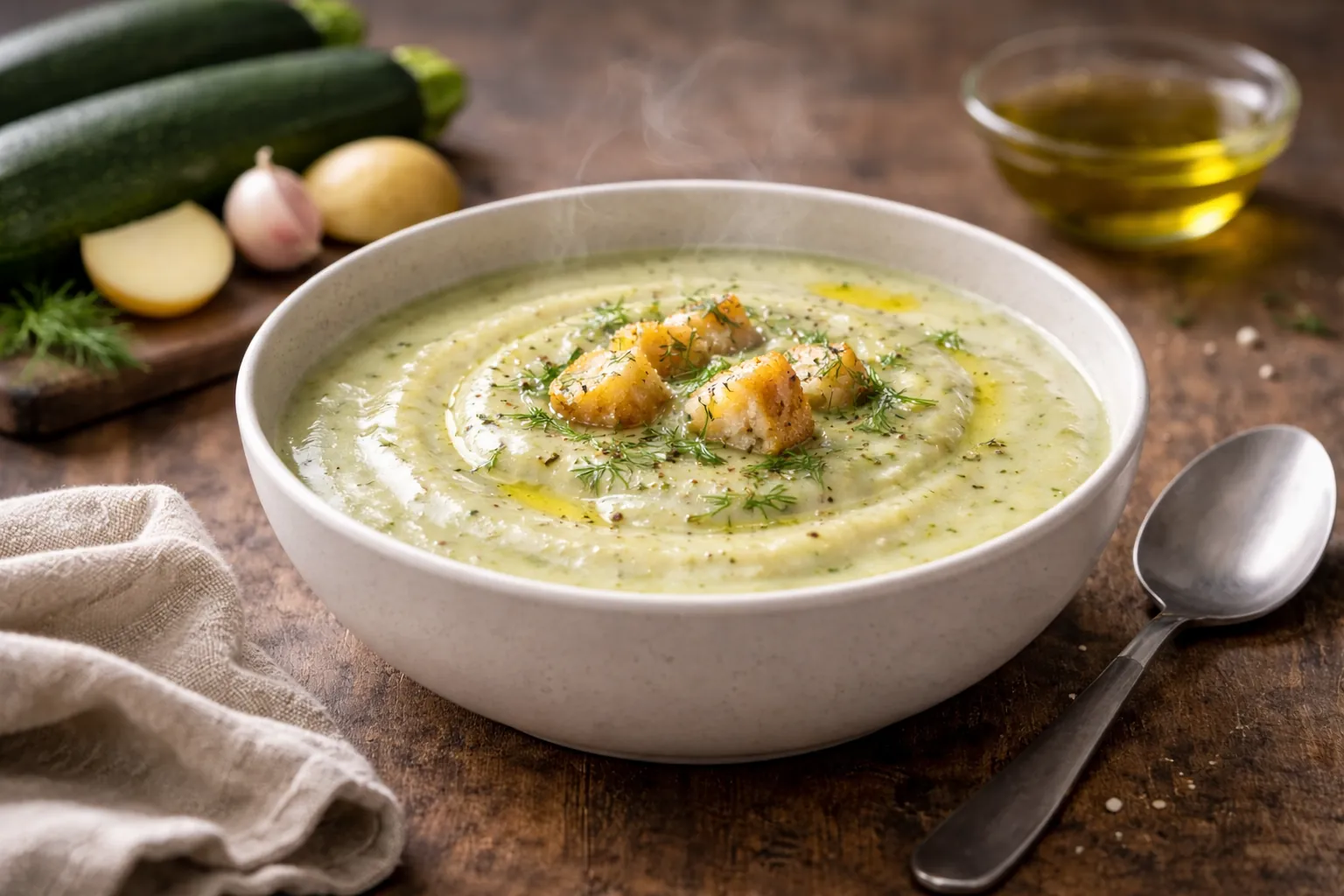 Bol de velouté de courgette et pomme de terre crémeux