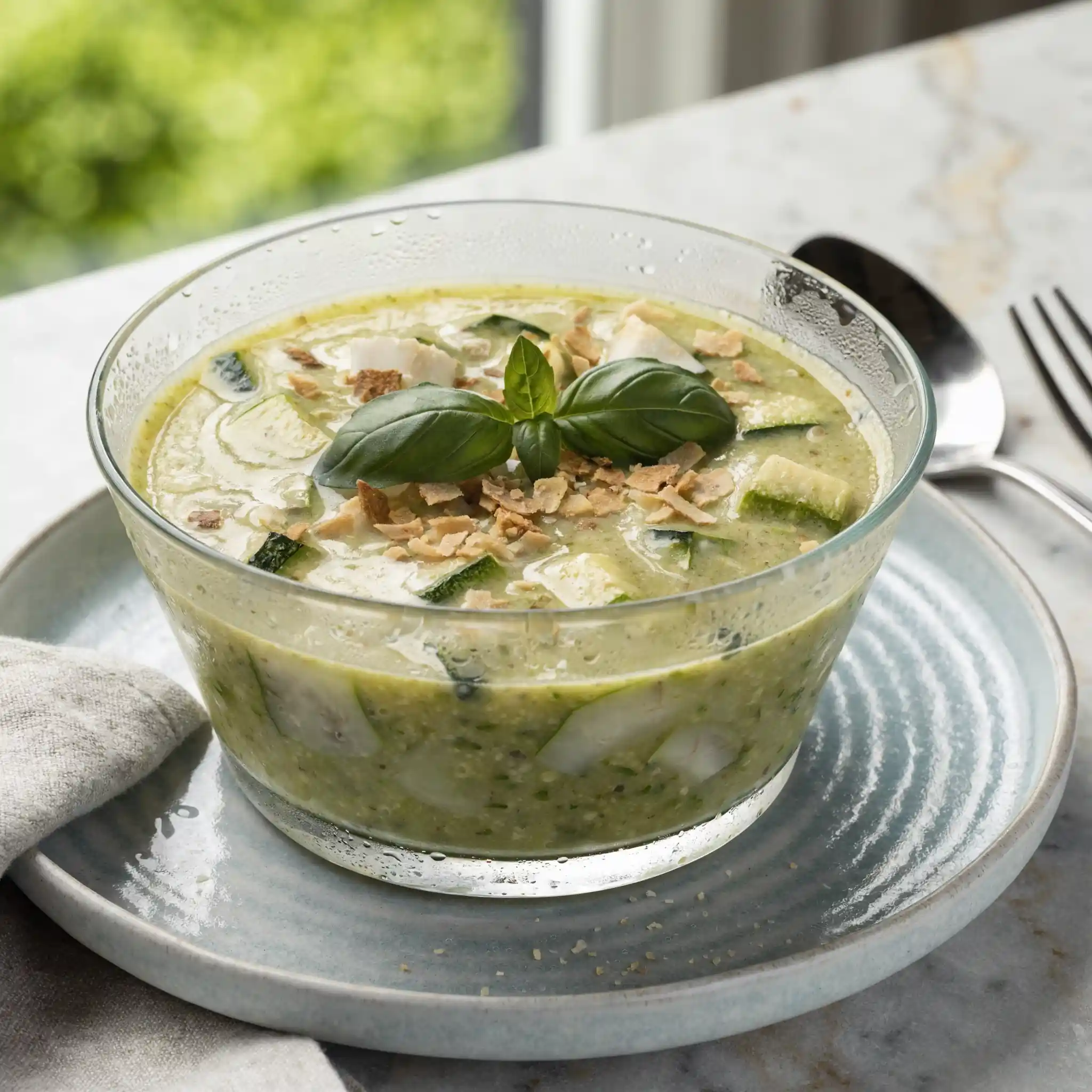 Bol de velouté glacé de courgette au lait de coco garni d’herbes fraîches