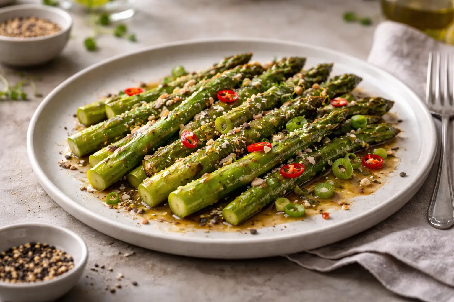 Wok d’asperges vertes au sésame servi bien chaud