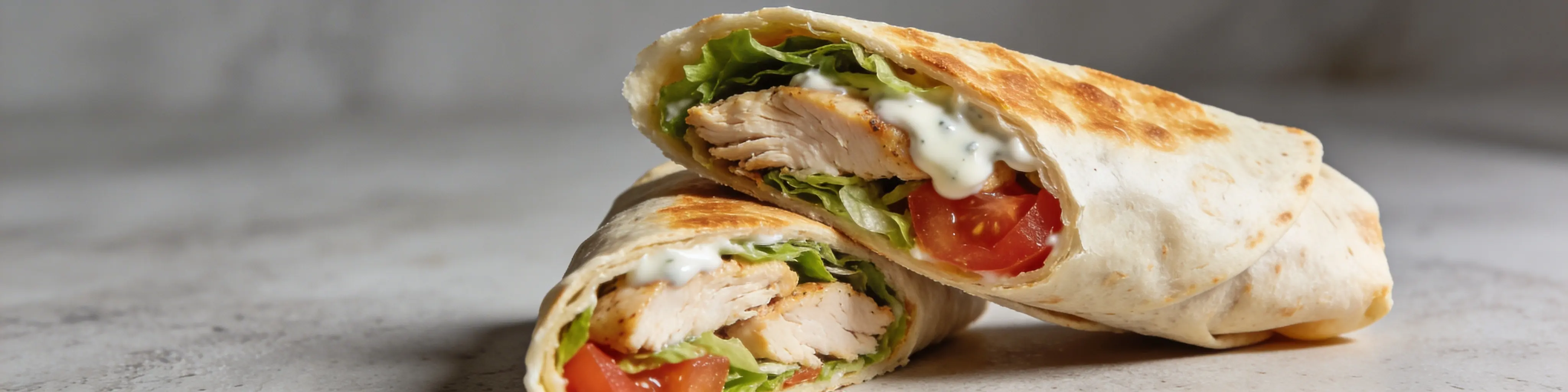 Wrap au poulet garni de légumes et sauce yaourt dans une tortilla